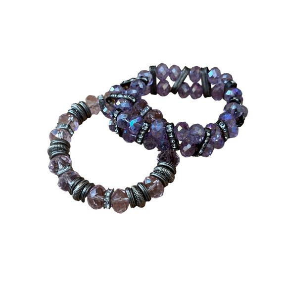 Pair of Pink and Purple Crystal Stretch Bracelets - Picture 2 of 8